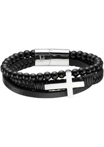 Bruno Banani Damen Lederarmband "Schmuck Geschenk Armband Kreuz, B4098B/20/00/1-21, B4098B/20/00/21", Edelstahl-Leder, schwarz, Edelstahl, Leder,