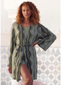 Lascana Damen Kimono, Gr. 36, grün, Single-Jersey, bedruckt, gemustert, Hausmäntel, mit graphischen Allover-Druck