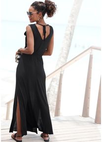 Buffalo Damen Maxikleid, schwarz, modisch, Gr. 34, unifarben, Jersey, Obermaterial: 100% Viskose, Kleider, mit Zierbändern und Schlitz, Sommerkleid,