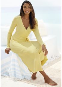 Lascana Damen Strickkleid, Gr. 44, gelb, Obermaterial: 80% Viskose, 20% Nylon, unifarben, modisch, Kleider, Loungekleid zum wickeln mit