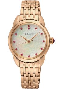 Seiko Damen Quarzuhr, rosa, Armbanduhren, Armbanduhr, Damenuhr, Perlmutt-Zifferblatt, Glaskristalle