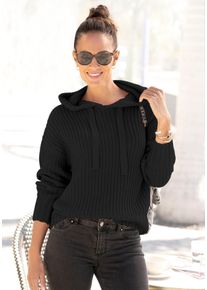 Lascana Damen Kapuzenpullover, schwarz, modisch, Gr. 32, unifarben, Grobstrick, Obermaterial: 100% Polyacryl, Pullover, aus weichem Grobstrick,