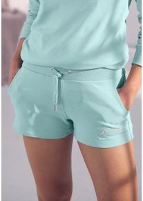 Damen Sweatshorts, BENCH. LOUNGEWEAR, Gr. 44, grün, Interlock, Obermaterial: 100% Baumwolle, unifarben, bestickt, Basic, Hosen, mit glänzender