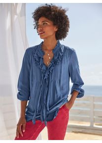 Heine Damen Rüschenbluse, blau, Gr. 48, unifarben, 70% Viskose, 30% Seide, Blusen