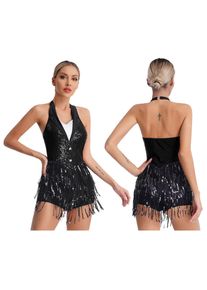 Yoojia Damen Pailletten Latin Jazz Dance Quaste Trikot Neckholder Fransen Body Tango Performance Kostüm