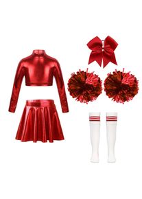 Aislor Cheerleading Kostüme Kinder Mädchen Tanzen Kleidung Set Langarm Crop Top + Rock + Handblumen + Handblumen + Socken
