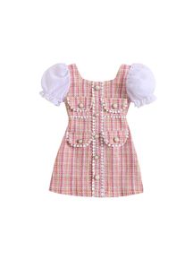 Little Fashionistas Kinder Mädchen Kleid Puffärmel Mix Farbe Perlen Patchwork Sommer A-Linie Kleid Kleidung 1-6 Jahre