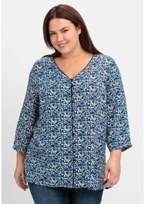 Große Größen Bedruckte Bluse mit Smok- und Kontrastdetails Gr. 46 blau von sheego für Damen