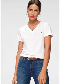 Tommy Hilfiger Damen T-Shirt "HERITAGE V-NK TEE", weiß, casual, Gr. XL, unifarben, Single Jersey, Obermaterial: 100% Baumwolle, Shirts, mit Tommy