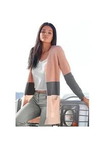 Cardigan Vivance Gr. 44/46, bunt (rosa-grau-apricot) Damen Strickjacken mit Colorblock-Optik und Taschen, lange Strickjacke