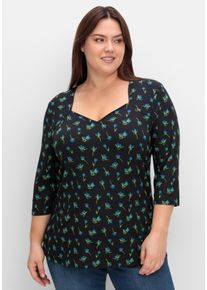 Große Größen 3/4-Arm-Shirt mit Blumenprint und Herzausschnitt Gr. 40/42 schwarz geblümt von sheego für Damen