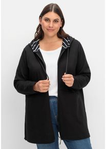 Große Größen Lange Sweatjacke mit gestreiftem Kapuzenfutter Gr. 48/50 schwarz von sheego für Damen