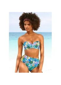 Bügel-Bandeau-Bikini-Top Venice Beach "Hanni" Gr. 36, Cup E, blau (blau, bedruckt) Damen Bikini-Oberteile mit tropischem Print und gelben Details