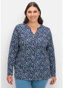 Große Größen Langarmshirt mit V-Schlitz und floralem Minimalprint Gr. 48/50 blau geblümt von sheego für Damen