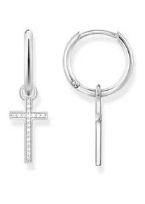 Paar Creolen Thomas Sabo "Kreuz, CR622-051-14" Ohrringe Gr. Silber 925 (Sterlingsilber), bunt (silberfarben, weiß, kristallweiß) Damen mit Zirkonia (synth.) - Einhänger abnehmbar