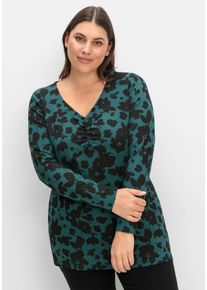 Große Größen Langarmshirt mit Blumendruck und V-Ausschnitt Gr. 56 grün geblümt von sheego für Damen