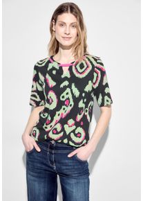 Cecil Damen T-Shirt, schwarz, casual, Gr. XS, bedruckt, Web, 50% Modal, 50% Baumwolle, Shirts, mit geschlitztem Rundhalsausschnitt
