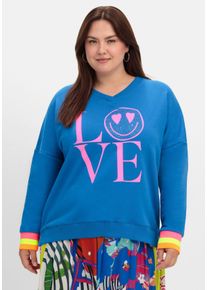 sheego loves miss goodlife Große Größen Sweatshirt mit Frontdruck und Ringelbündchen Gr. 54 blau von sheego für Damen