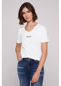 SOCCX Damen V-Shirt, weiß, casual, Gr. XS, bedruckt, Material: 100% Baumwolle, Shirts, aus Baumwolle