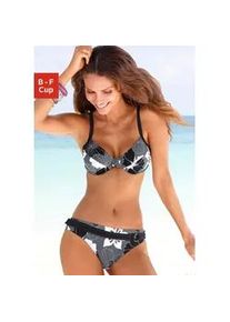 Bügel-Bikini Lascana Gr. 40, Cup E, grau (grau, bedruckt) Damen Bikini-Sets florales Design, Bikini-Hose mit Vordermieder, Hose Ziergürtel