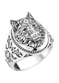 Siegelring Thomas Sabo "Wolf-Optik mit Steinen Silber, TR2452-643-21-54-68" Fingerringe Gr. 66, Silber 925 (Sterlingsilber), 5mm, bunt (silberfarben, weiß, schwarz, schwarz) Damen mit Zirkonia (synth.)