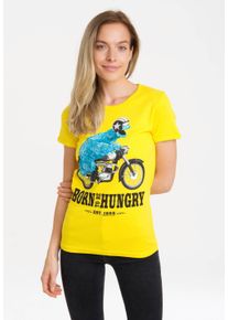 logoshirt Damen T-Shirt "Sesamstrasse – Krümelmonster Motorrad", gelb, casual, Gr. S, bedruckt, 100% Baumwolle, Shirts, mit lizenziertem Print