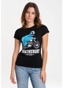 logoshirt Damen T-Shirt "Sesamstraße - Krümelmonster Motorrad", schwarz, casual, Gr. XS, bedruckt, unifarben, 100% Baumwolle, Shirts, mit