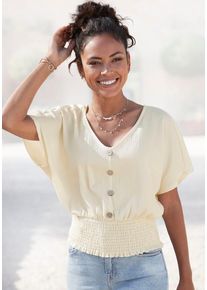 Lascana V-Shirt beige Gr. 32/34 für Damen. V-Ausschnitt und Zierknöpfe. Figurumspielend