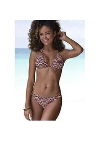 Triangel-Bikini-Top Lascana "Holly", Damen, Gr. 34, Cup C/D, rot (bordeaux bedruckt), Recycling-Polyamid, bedruckt, Bikini-Oberteile, mit goldfarbenen Zierringen