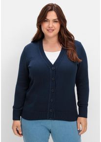 Große Größen Strickjacke mit V-Ausschnitt und Knöpfen, tailliert Gr. 44 blau von sheego für Damen