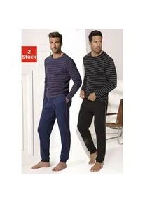 Pyjama AUTHENTIC LE JOGGER Gr. 60/62, bunt (schwarz, blau) Herren Homewear-Sets in langer Form mit garngefärbten Streifen