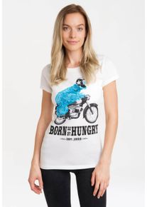logoshirt Damen T-Shirt "Sesamstraße - Krümelmonster Motorrad", weiß, casual, Gr. S, bedruckt, unifarben, 100% Baumwolle, Shirts, mit lizenziertem