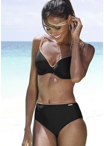 Bruno Banani Damen Bikini-Hose "Milano", schwarz, Gr. 34, unifarben, glänzend, Recycling-Polyamid, Badehosen, mit kupferfarberner Paspel