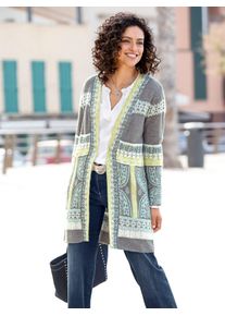 Inspirationen Damen Longstrickjacke, grün, Gr. 38, gemustert, mehrfarbig, ethno, 71% Polyacryl, 15% Baumwolle, 14% Polyamid, Strickjacken