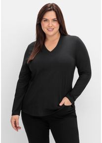 Große Größen Langarmshirt mit V-Ausschnitt, vorn doppellagig Gr. 40/42 schwarz von sheego für Damen