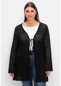 Große Größen Lange Ajour-Strickjacke mit Bindeband Gr. 56/58 schwarz von sheego für Damen