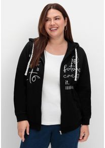 Große Größen Kapuzensweatjacke mit Print und Kängurutasche Gr. 40 schwarz von sheego für Damen