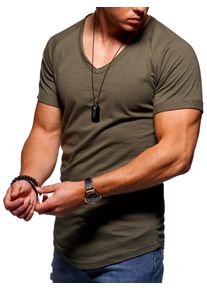 behype Herren T-Shirt "DANNY", grün, casual, Gr. XXL, unifarben, 100% Baumwolle, Shirts, mit modernem V-Ausschnitt