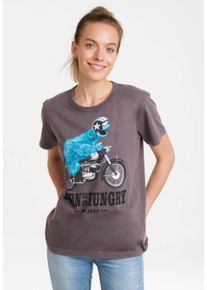 logoshirt Damen T-Shirt "Sesamstrasse - Krümelmonster Motorrad", grau, casual, Gr. M, bedruckt, 100% Baumwolle, Shirts, mit lizenziertem Print