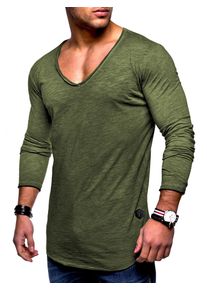 behype Herren Langarmshirt "NUKE L/S", grün, casual, Gr. XXL, unifarben, 100% Baumwolle, Shirts, mit V-Ausschnitt