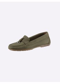 Heine Damen Mokassin, Gr. 38, grün, Leder, Rindsleder, Nubukleder, modisch, Schuhe