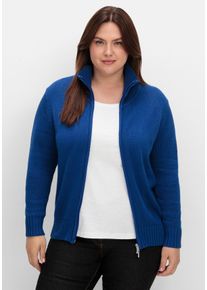 Große Größen Strickjacke mit Troyerkragen und 2-Wege-Zipper Gr. 48 blau von sheego für Damen
