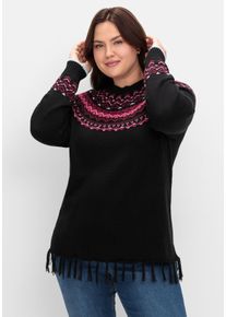 Große Größen Norwegerpullover mit Fransen am Saum Gr. 56/58 schwarz von sheego für Damen