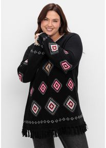 Große Größen Pullover mit Ethnomuster und Fransen Gr. 52/54 schwarz von sheego für Damen