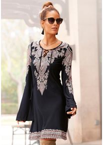 Lascana Damen Jerseykleid, schwarz, modisch, Gr. 34, Jersey, Obermaterial: 100% Viskose, Kleider, mit Bordürendruck und Schnürung am Ausschnitt,