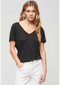 Superdry Damen V-Shirt "STUDIOS SLUB EMB VEE TEE", schwarz, casual, Gr. M, unifarben, Single Jersey, Obermaterial: 60% Baumwolle, 40% Lyocell,