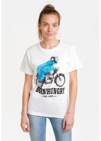 logoshirt Damen T-Shirt "Sesamstrasse - Krümelmonster Motorrad", weiß, casual, Gr. M, bedruckt, 100% Baumwolle, Shirts, mit lizenziertem Print