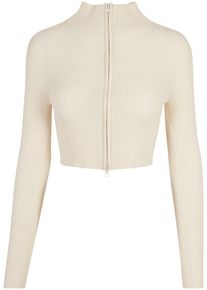 Urban Classics Damen Cardigan "Urban Classics Damen Ladies Cropped Rib Knit Zip Cardigan", beige, Gr. M, unifarben, 35% Polyacryl, 35% Viskose, 30%