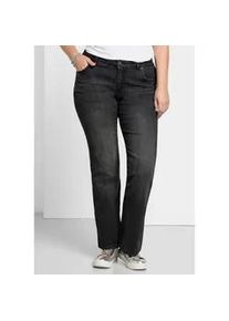 Bootcut-Jeans sheego "Große Größen" Gr. 84, Langgrößen, schwarz (schwarz denim) Damen Jeans in 5-Pocket-Form, mit Used-Effekten