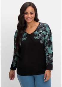 Große Größen Langarmshirt mit V-Ausschnitt und Blätterdruck Gr. 46 schwarz von sheego für Damen